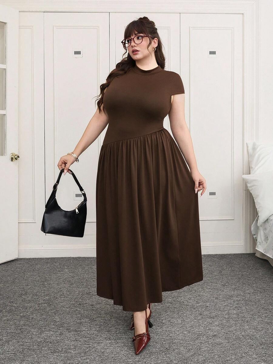 SHEIN EZwear Plus Size Solid Color Stand Collar Puff Sleeve Pleated ...