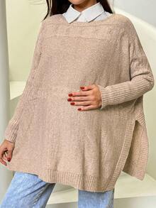 SHEIN 孕妇扭纹圆领蝙蝠袖长袖休闲毛衣，侧开衩下摆，秋冬 - 卡其色 - 查看 6