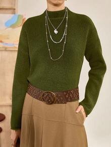 Florisole Sweater Rajut Tebal Kerah Tinggi Wanita, Gaya Vintage untuk Beraktivitas Sehari-hari, Musim Gugur/Dingin - Hijau - View 1