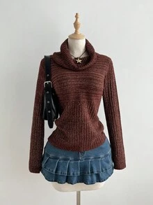 Elamini 女式高领修身长袖毛衣，秋冬时尚 - 咖啡棕 - 查看 4