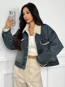 DAZY Women's Loose Fit Padded Coat With Fur Collar And Denim Patchwork, Autumn/Winter Jacket - Blue - View 3