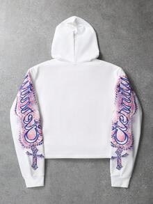 ROMWE MEN Street Life 男士休闲复古天使与字母印花抽绳连帽运动衫，适合春秋季 - 白色 - 查看 2