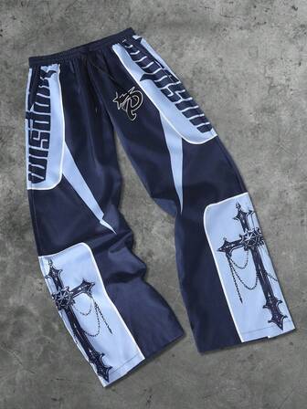 Street Life Herren Jogginghose mit Kontrastfarbigen Patchwork Kreuz- und Buchstaben-Grafiken in Oversized Passform, Herbst