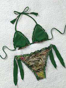 Soleia 复古彩色豹纹、斑马纹、花卉印花荷叶边挂脖系带流苏装饰沙滩比基尼套装，女士豹纹比基尼，波西米亚风比基尼，荷叶边比基尼 - 彩色 - 查看 2