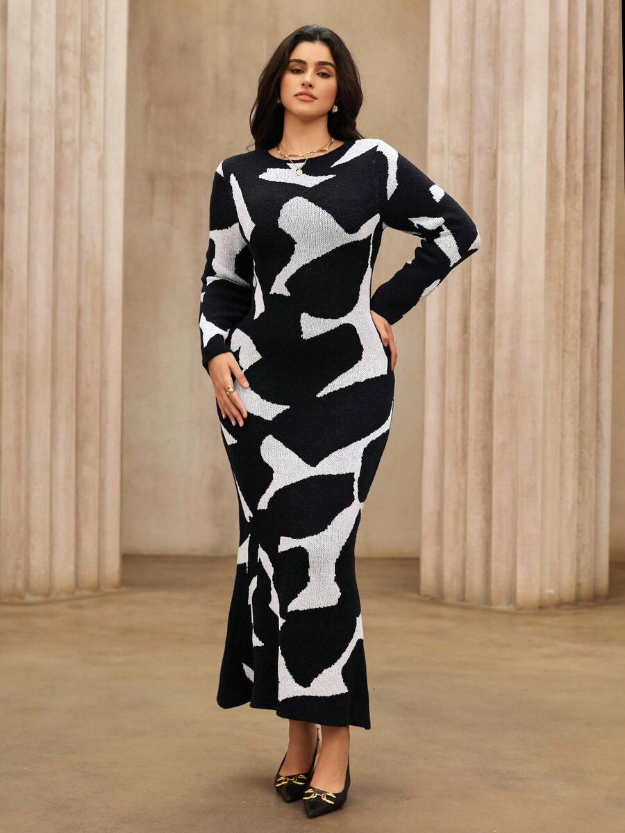 Roveilla Robe moulante en tricot à manches longues élégante pour femmes grandes tailles, convient pour le travail - Noir - Voir 1