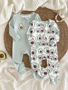 新生儿柔软舒适牛油果印花拉链连体衣、长袖和裤子两件套 - 綠色 - 查看 1