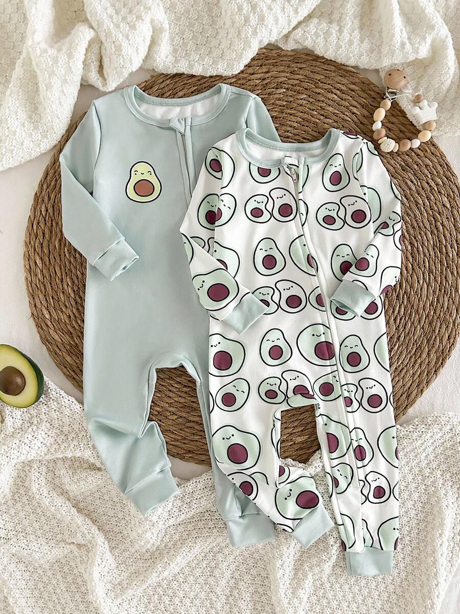 新生儿柔软舒适牛油果印花拉链连体衣、长袖和裤子两件套 - 綠色 - 查看 1