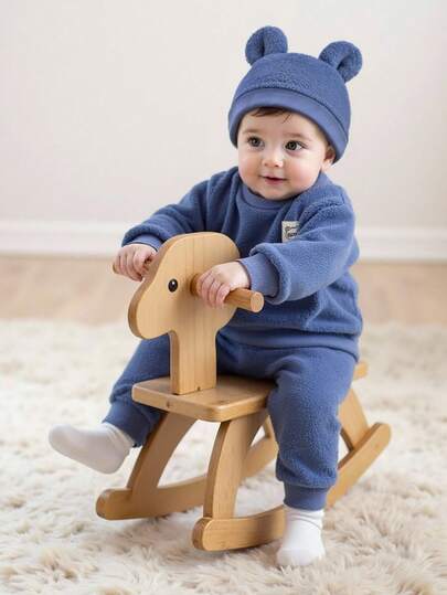 SHEIN Playful Pals 3 件套男婴秋冬服装套装 - 毛绒面料可爱耳朵帽、长袖上衣和裤子，适合休闲穿着和户外
