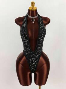 Bộ đồ liền thân hở lưng cổ chữ V sâu đính đá Rhinestone Y2K Amplova thời trang gợi cảm dành cho nữ, lý tưởng cho các bữa tiệc và tạo nên phong cách riêng. Bộ đồ liền thân đính đá Rhinestone màu hồng - màu đen - Xem 3