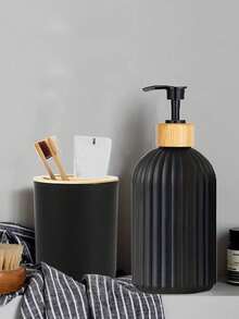 Bathroom Vanity Set, Includes Lotion Dispenser And Toothbrush Holder With Bamboo Lids Home Bathroom Decor Fall Decor Back To School - Black - View 4