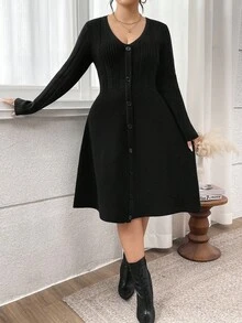 Modelyn 秋季大码女式纯色V领长袖纽扣设计休闲针织连衣裙 - 黑色 - 查看 3