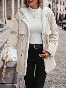 SHEIN Frenchy Drawstring Waist Teddy Lined Hooded Parka Coat In Fall/Winter