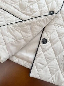 SHEIN Frenchy 女士休闲日常通勤撞色滚边拼布口袋单排扣绗缝夹棉大衣，冬季 - 杏色 - 查看 5