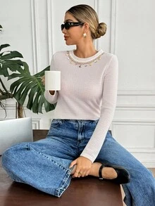SHEIN Frenchy Áo thun nữ cổ tròn tay dài họa tiết vỏ sò vá - Màu be - Xem 5