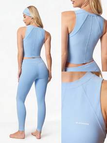 GLOWMODE Áo tank top FeatherFit™ Active Edge mềm mại, co giãn, thấm hút mồ hôi, có đường may tinh tế, mút ngực có thể tháo rời, cổ tròn, chất liệu nhẹ, thích hợp mặc hàng ngày, tập yoga hoặc các hoạt động thể thao khác. - Màu xanh nhạt - Xem 8