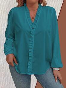 Flouryn Camisa de talla grande con volantes en el bajo, unicolor y casual - Azul Cadete - View 4