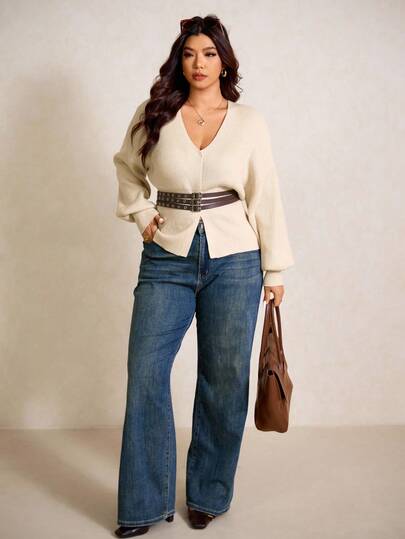 Elaquor Kardigan w dużym rozmiarze z dekoltem w serek i ściągaczem w talii, nowy wzór na jesień/zimę