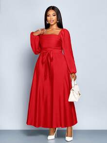 SOLERSUN 女式加大码法式纯色方领长袖前褶皱荷叶边下摆 A 字休闲优雅连衣裙，春夏新款女装 - 紅色 - 查看 5