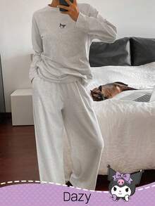DAZY HELLO KITTY AND FRIENDS | SHEIN 女士休闲卡通图案插肩袖宽松上衣和裤子家居服套装，春秋季，舒适保暖，秋冬服装 - 淺灰色 - 查看 4
