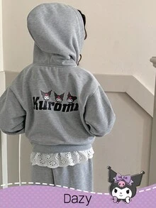 DAZY HELLO KITTY AND FRIENDS | SHEIN 秋冬款少女卡通图案针织连帽卫衣和运动裤套装 - 灰色 - 查看 4