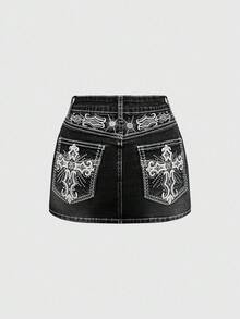 ROMWE Grunge Punk Y2K 复古露脐迷你裙，带口袋、十字架和翅膀刺绣（含紧身裤） - 黑色 - 查看 5