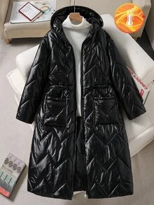 Teen Girl Black Winter Casual Fashionable Hooded Padded Coat,Shiny Pleated Woven Fabric,Unique Cinched Waist Design,Loose & Comfortable,Daily Commute - Black - View 7