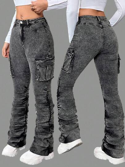 Moda para meninas adolescentes casual Y2K vintage descolado retorno às aulas faculdade nostálgico cinza desbotado trabalho design de bolso jeans skinny elástico amassado para roupas de meninas adolescentes traje para meninas adolescentes roupas diárias e adolescentes inverno e outono rave roupas festivais e roupas streetwear roupas