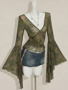 SHEIN ICON Vintage Retro Print Mesh Sheer V-Neck Flare Sleeve Women Top Bell Sleeves Boho Top