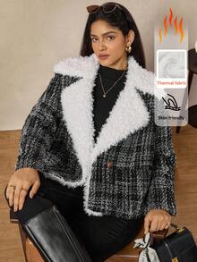 Zelara Plus Size Women Fuzzy Lapel Neck Long Sleeve Plaid Loose Casual Jacket, Autumn Winter Tweed Jacket Women Teddy Collar Tweed Jacket Plus Size Tweed Jacket Women For Women Casual Women's Winter Winter Women's Winter Jacket Going Out Tops Going Out Female Country Look Plaid Chic Women's Jacket Chic Blazer Women Autumn For Women Black Jacket Winter For Women Women's Winter Thanksgiving For Women - Black and White - View 1