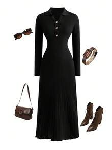 SHEIN Clasi Plus Size Solid Color Fitted Elegant Long Sleeve Sweater Dress - Black - View 1
