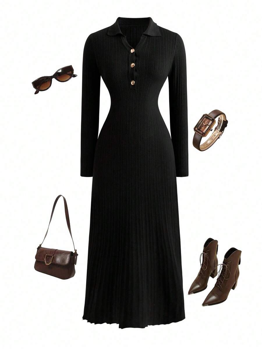 SHEIN Clasi Plus Size Solid Color Fitted Elegant Long Sleeve Sweater Dress - Black - View 1
