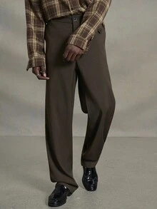 PAVTROS Hombres Pantalones de traje con diseño de botón con bolsillo oblicuo - Café integral - Ver 5