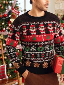 Manfinity VCAY Men's Crew Neck Long Sleeve Christmas Element Pattern Sweater, New Year Glamour - Black - View 5