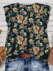 EMERY ROSE 女士休闲复古花卉V领衬衫，适合秋夏季 - 墨綠色 - 查看 2