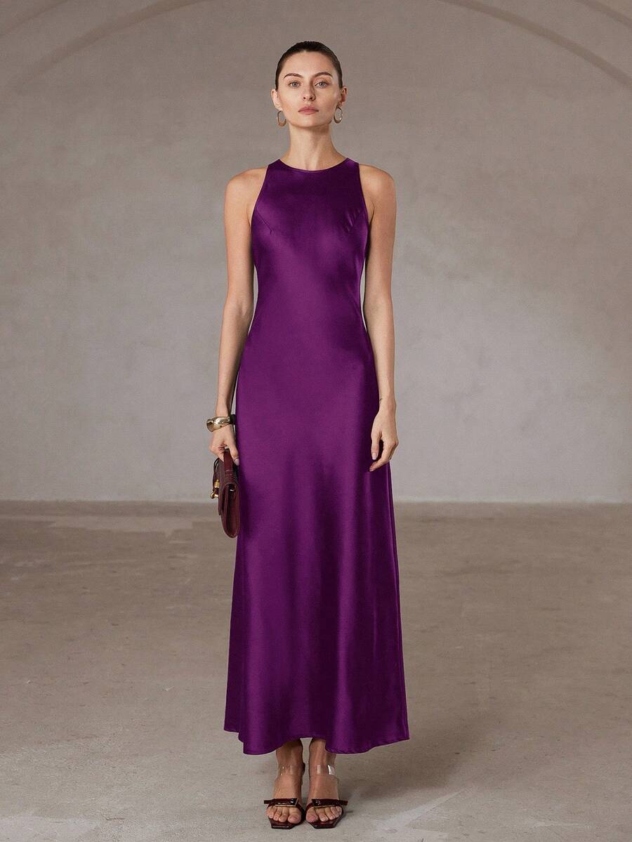Aveloria Modichic Váy không tay dáng chữ A bằng vải acetate satin hai mặt, viền bất đối xứng, tối giản, thanh lịch dành cho nữ - Màu đỏ tím - Xem 1