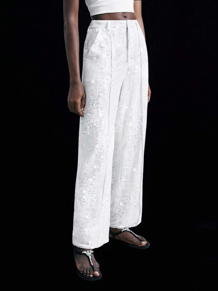 SHEIN Maija 2026 Women's Solid Color Pocket Straight Loose Sequin Embellished Pants Fall, Halloween, Elegant, Goth, White Pants,Distinctive Texture, Old Money Style,Business Casual,Elegant