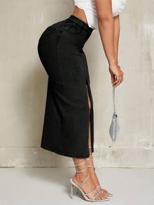 Slaydiva 大码时尚通勤开衩牛仔裙 - 黑色 - 查看 1