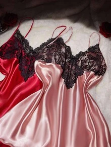 SHEIN 2 件套女士性感深 V 睡袍，撞色蕾丝缎面加大码睡衣 - 彩色 - 查看 4