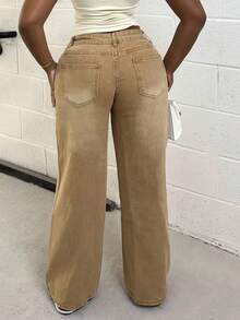 Alexandranx 女士休闲百搭牛仔裤，带口袋，宽松阔腿裤 - 卡其色 - 查看 2