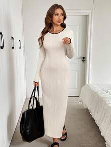 SHEIN LUNE Vestido midi de manga larga con cuello redondo, abertura alta en la cintura, ajustado, de tela texturizada de bloques de color, estilo casual, relajado y elegante para la oficina y el día a día, otoño/invierno - Albaricoque - Ver 5