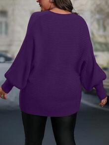 EMERY ROSE Pulover de damă mărime mare, culoare solidă, cu decolteu în V, cu model liliac, mânecă lungă, casual, toamnă/iarnă - Violet - Vizualizare 2