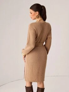 Modelyn Vestido de punto de manga larga con cuello en V y hombros caídos, unicolor, para otoño/invierno - Albaricoque - Ver 2