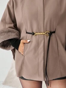 Auralis 大码女装秋冬时尚优雅宽松舒适日常毛绒拼接卡其色斗篷外套配腰带，女装冬装，秋季服装，冬季外套 - 灰色 - 查看 7