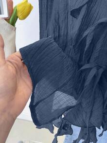 INAWLY French V-Neck Pleated Ruffle Tie Blouse - Navy Blue - View 8