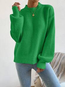 EMERY ROSE Women's Green Round Neck Lantern Sleeve Wool Blend Pullover Sweater - Green - View 6