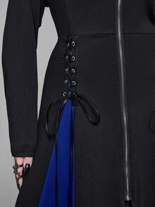 ROMWE EDITION Áo khoác trùm đầu dài vừa phải, chất liệu da PU, viền kép, phong cách Gothic, cỡ lớn, buộc dây, viền kẻ sọc, viền kép, kiểu dáng nữ tính - màu đen - Xem 6