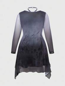 ROMWE Gothic Dark Forest Tombstone Cross Print Mesh Pentagram Lace-Up Collar Plus Size Women Waist Cinched Asymmetric Hem Dress - Black - View 2