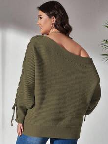 Elenzga Plus Size Solid Color Off Shoulder Drawstring Sweater, Multi-Color Fall - Army Green - View 2
