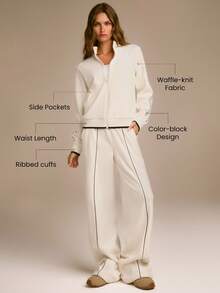 GLOWMODE ChillBound Zip Soft Warm Chill Lightweight Stretchy Waffle-Texture Fleece Ribbed Hem Cuffs Pockets Waist-Length Bomber Jacket Autumn Winter Outdoor Daily Casual - White - View 2