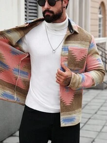 Manfinity Homme 男士几何图案长袖单排扣休闲口袋夹克，秋季 - 彩色 - 查看 7